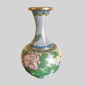 Vintage‎ Handmade Cloisonné Vase Peony Floral Design White